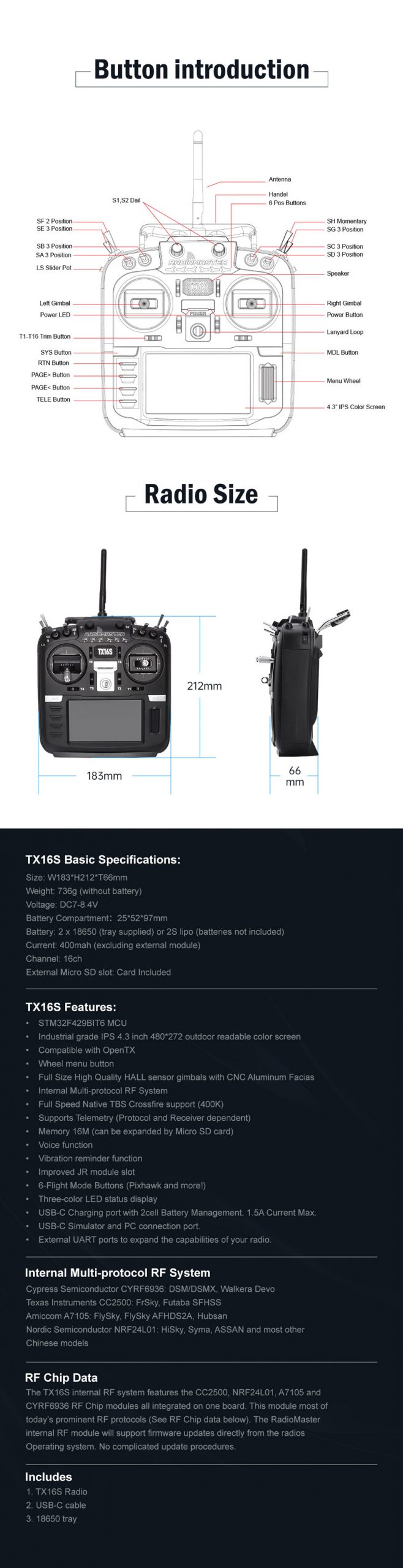 تصویر توضیحات دکمه های رادیو کنترل رادیو مستر tx16s